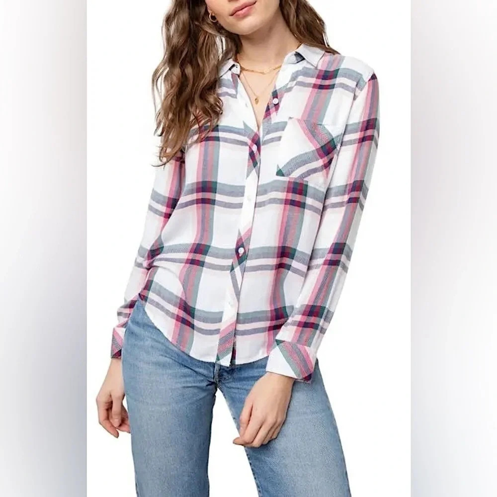 Rails Hunter Plaid Button Down Shirt Rayon White Navy Red Size S